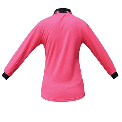 "Ladies’ Hi-Vis Long Sleeve polo shirt in pink navy, back – Big Bee Workwear"