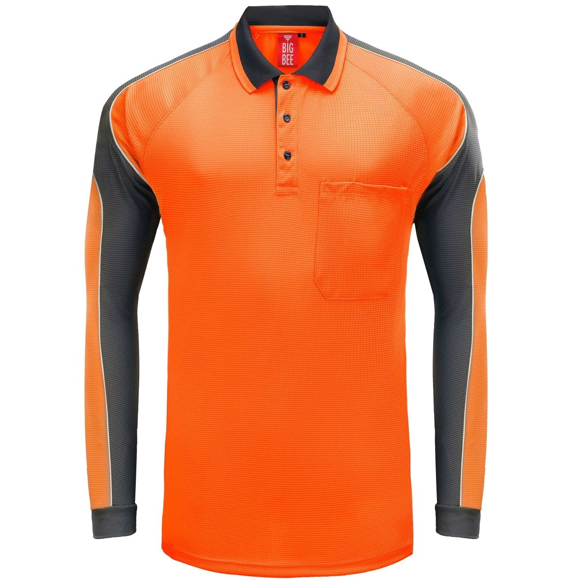 "Hi-Vis Long Sleeve Panel polo shirt in orange with grey charcoal, front – Big Bee Workwear"