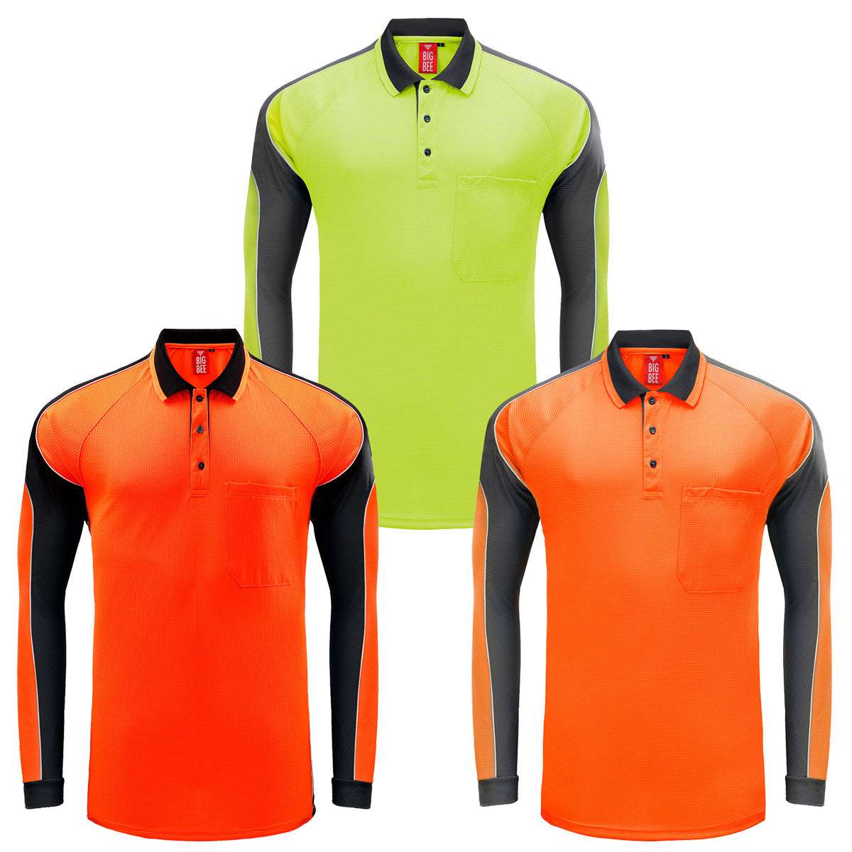 "Hi-Vis Long Sleeve Panel polo shirt, multi-colour options overview – Big Bee Workwear"