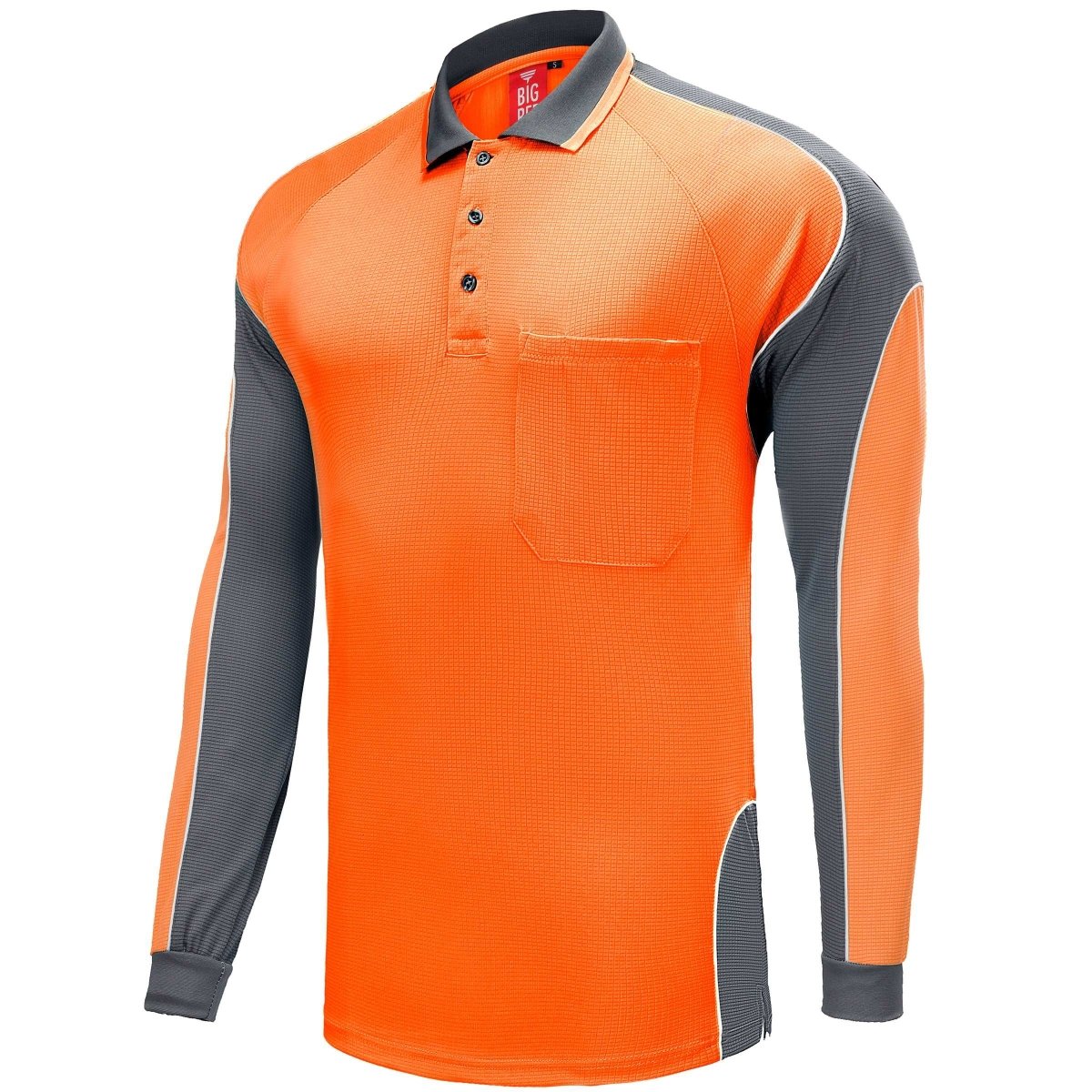 "Hi-Vis Long Sleeve Panel polo shirt in orange with grey charcoal, side – Big Bee Workwear"