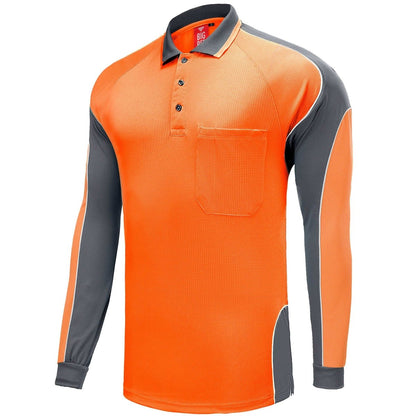 "Hi-Vis Long Sleeve Panel polo shirt in orange with grey charcoal, side – Big Bee Workwear"