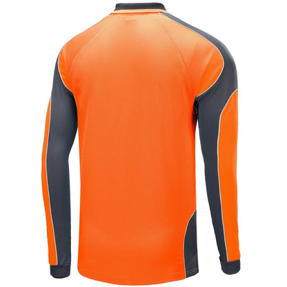 "Hi-Vis Long Sleeve Panel polo shirt in orange with grey charcoal, back – Big Bee Workwear"