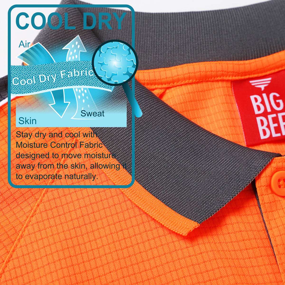 "Hi-Vis Long Sleeve Panel polo shirt fabric close-up with info – Big Bee Workwear"