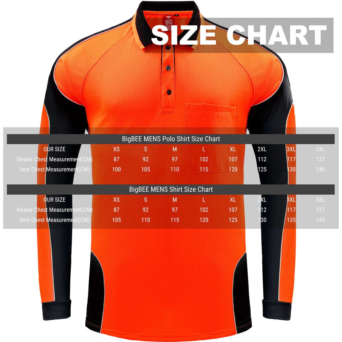 "Hi-Vis Long Sleeve Panel polo shirt size chart – Big Bee Workwear"