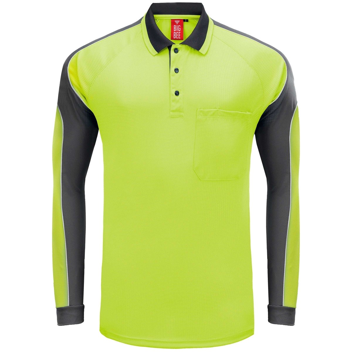 "Hi-Vis Long Sleeve Panel polo shirt in yellow with grey charcoal, front – Big Bee Workwear"