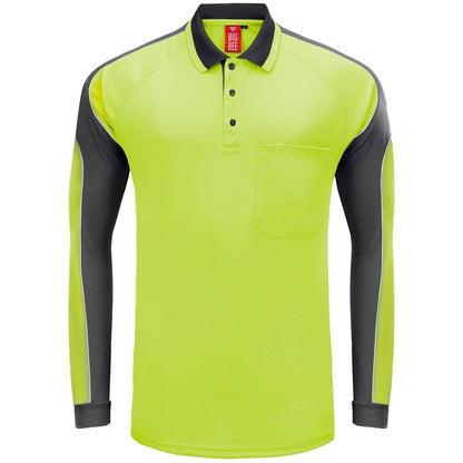 "Hi-Vis Long Sleeve Panel polo shirt in yellow with grey charcoal, front – Big Bee Workwear"