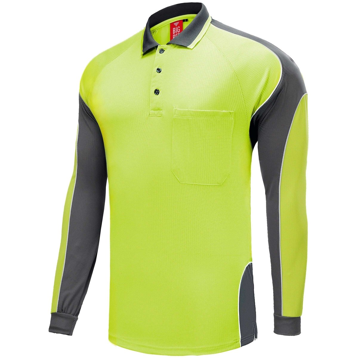 "Hi-Vis Long Sleeve Panel polo shirt in yellow with grey charcoal, side – Big Bee Workwear"