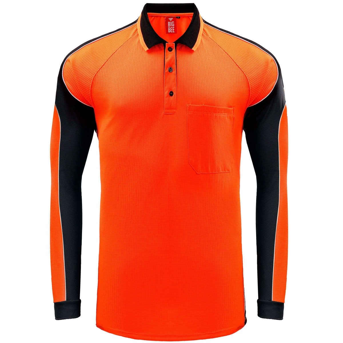 "Hi-Vis Long Sleeve Panel polo shirt in orange with black, front – Big Bee Workwear"