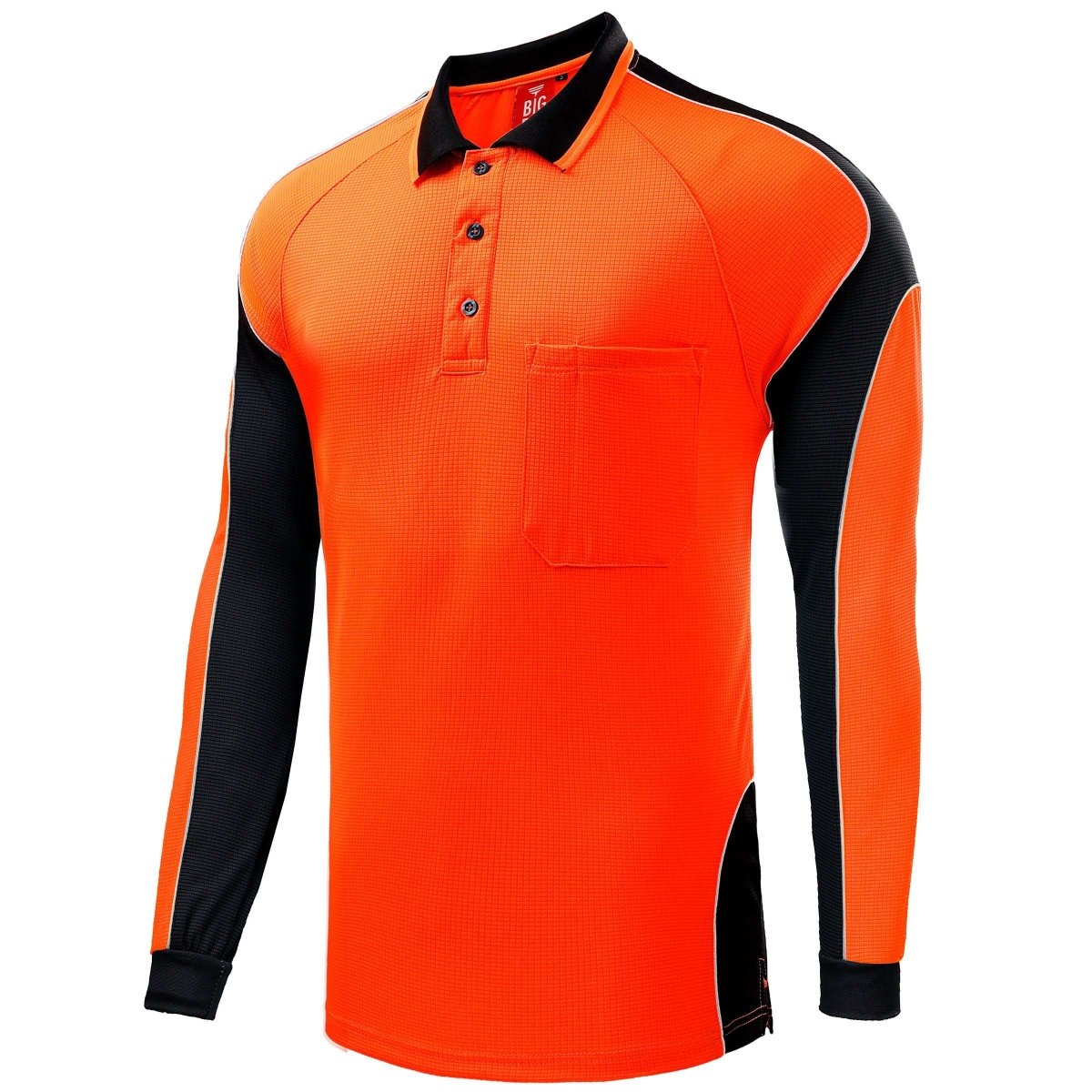 "Hi-Vis Long Sleeve Panel polo shirt in orange with black, side – Big Bee Workwear"
