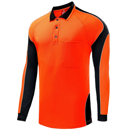 "Hi-Vis Long Sleeve Panel polo shirt in orange with black, side – Big Bee Workwear"