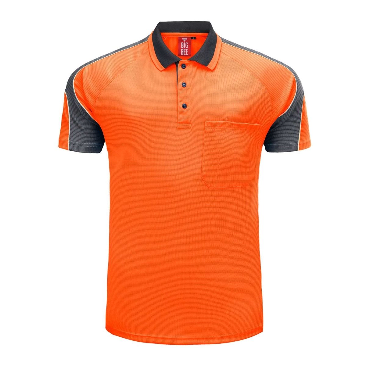"Hi-Vis Short Sleeve Panel polo shirt in orange with grey charcoal, front – Big Bee Workwear"