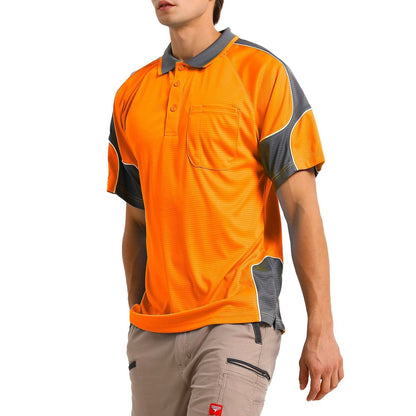 "Hi-Vis Short Sleeve Panel polo shirt in orange with grey charcoal, model front angle – Big Bee Workwear"