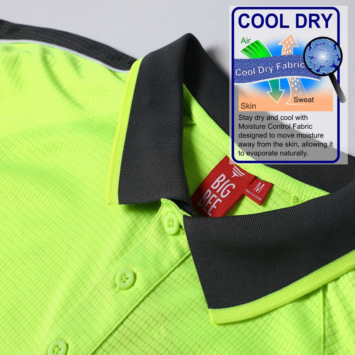 "Hi-Vis Short Sleeve Panel polo shirt fabric close-up with info – Big Bee Workwear"