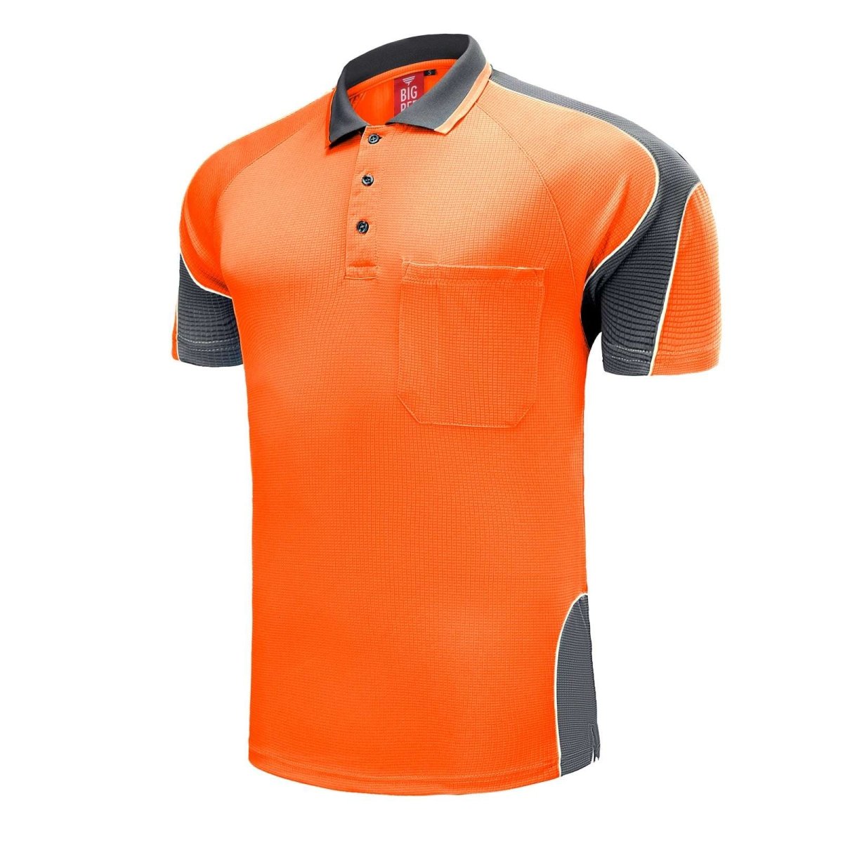 "Hi-Vis Short Sleeve Panel polo shirt in orange with grey charcoal, side – Big Bee Workwear"