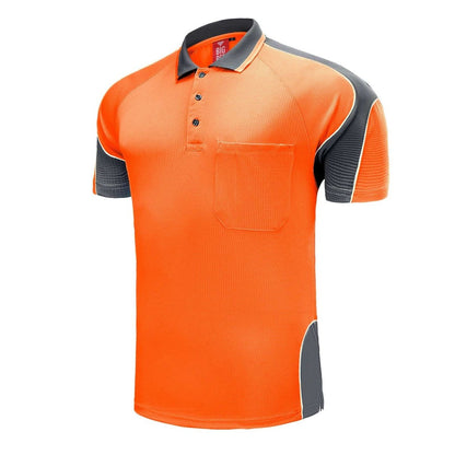"Hi-Vis Short Sleeve Panel polo shirt in orange with grey charcoal, side – Big Bee Workwear"