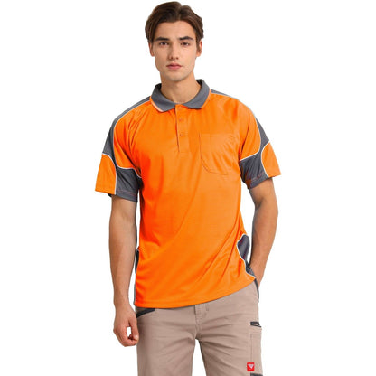 "Hi-Vis Short Sleeve Panel polo shirt in orange with grey charcoal, model front – Big Bee Workwear"