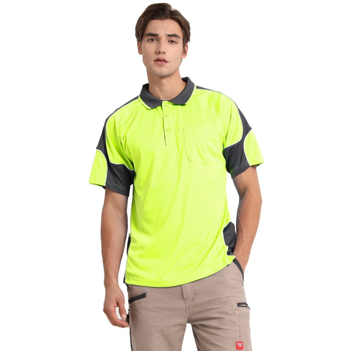 "Hi-Vis Short Sleeve Panel polo shirt in yellow with grey charcoal, model front – Big Bee Workwear"