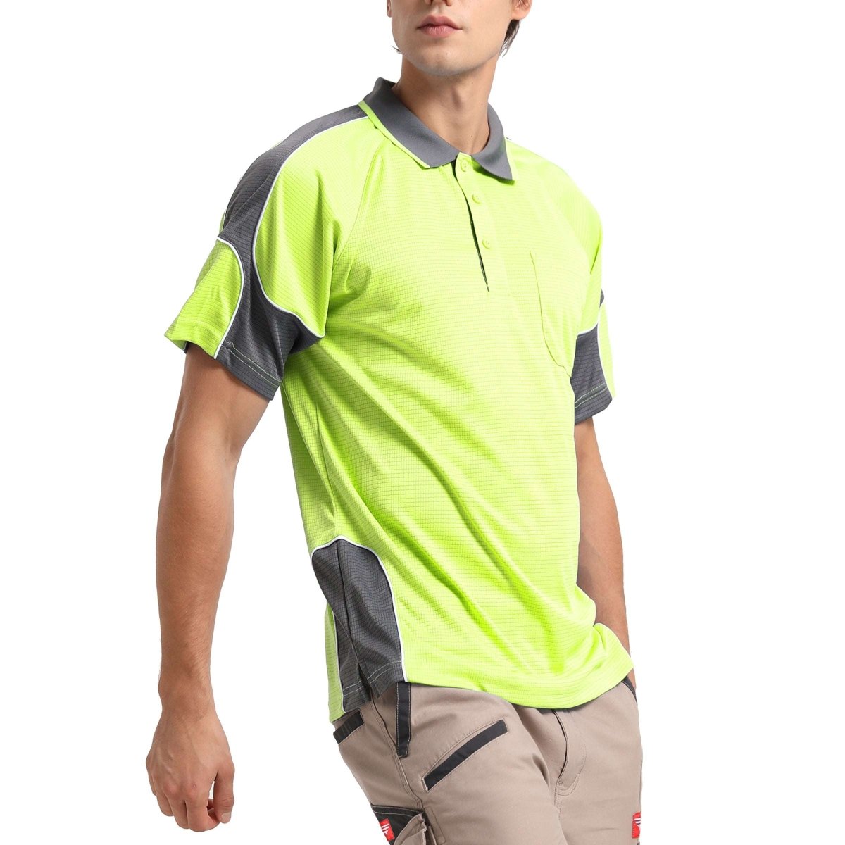 "Hi-Vis Short Sleeve Panel polo shirt in yellow with grey charcoal, model side – Big Bee Workwear"