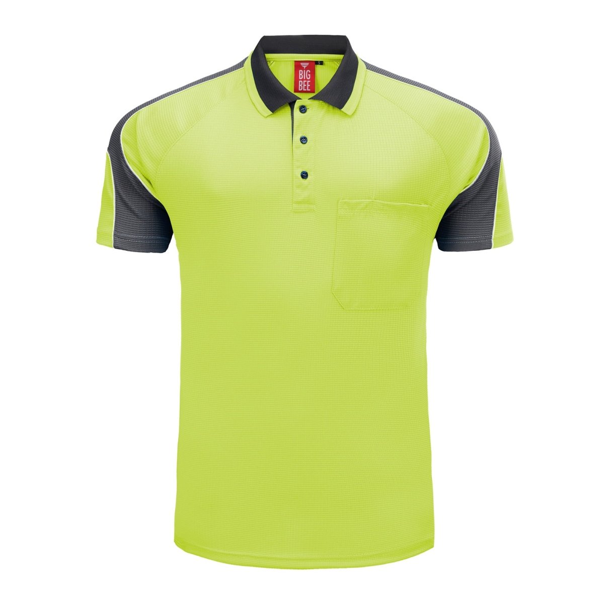 "Hi-Vis Short Sleeve Panel polo shirt in yellow with grey charcoal, front – Big Bee Workwear"