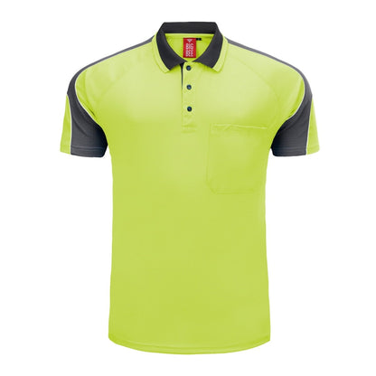 "Hi-Vis Short Sleeve Panel polo shirt in yellow with grey charcoal, front – Big Bee Workwear"