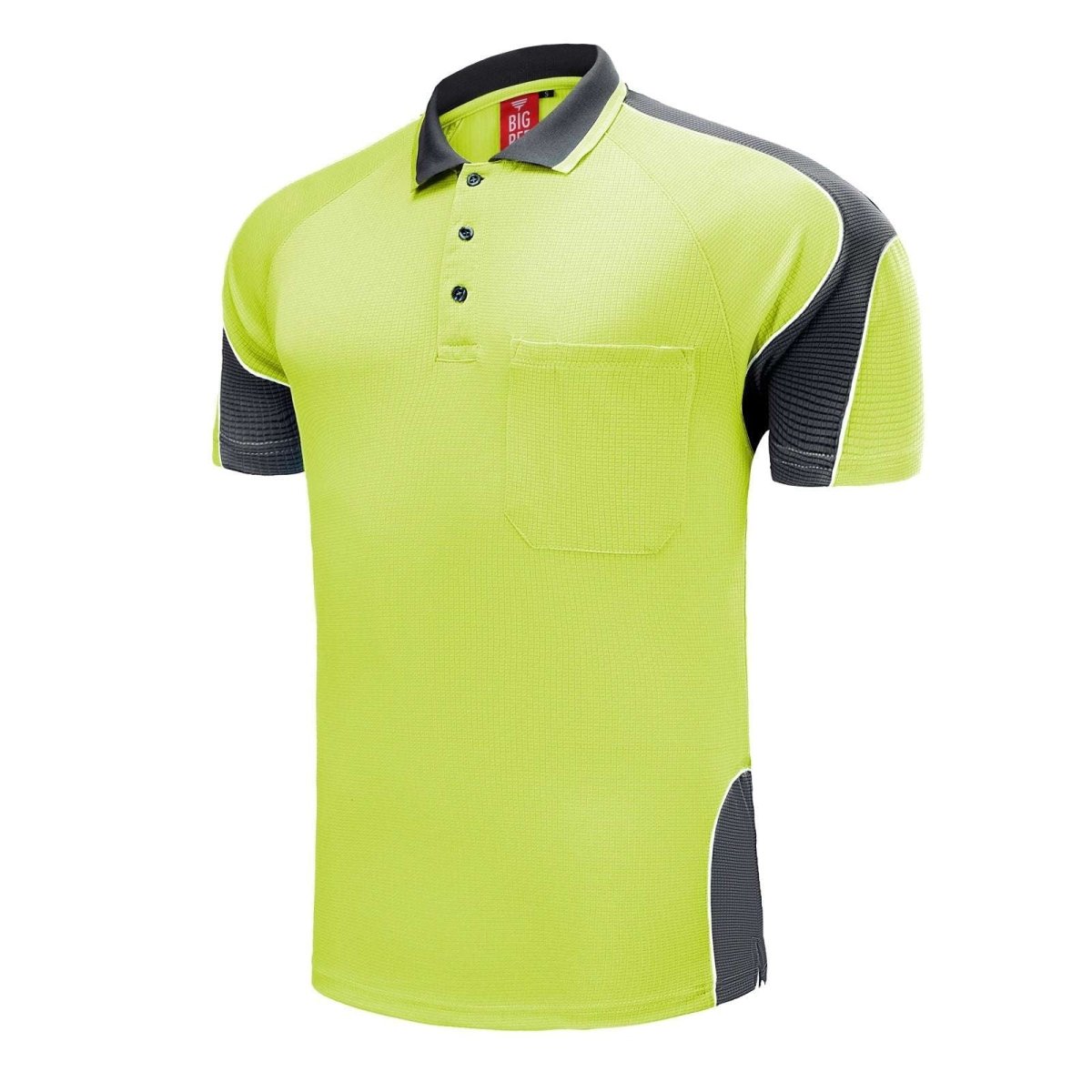 "Hi-Vis Short Sleeve Panel polo shirt in yellow with grey charcoal, side – Big Bee Workwear"