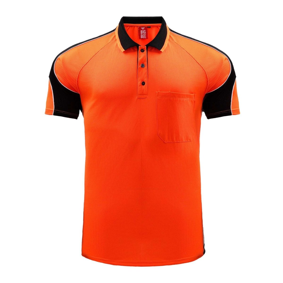 "Hi-Vis Short Sleeve Panel polo shirt in orange with black, front – Big Bee Workwear"