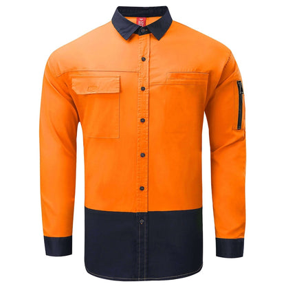 "PULSE Hi Vis Stretch Cotton Work shirt in orange navy, Long Sleeve, front – Big Bee Workwear"