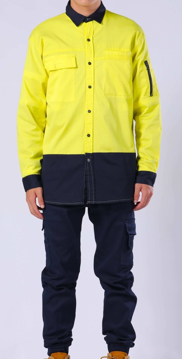 "PULSE Hi Vis Stretch Cotton Work shirt in yellow navy, Long Sleeve, model posed – Big Bee Workwear"