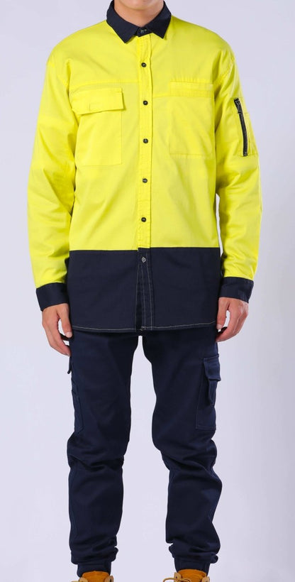 "PULSE Hi Vis Stretch Cotton Work shirt in yellow navy, Long Sleeve, model posed – Big Bee Workwear"