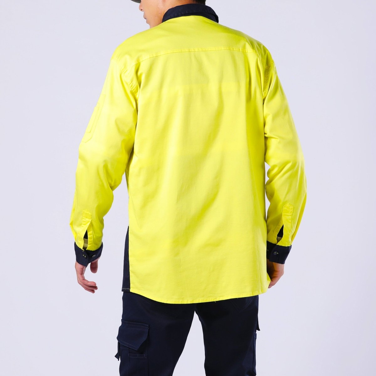 "PULSE Hi Vis Stretch Cotton Work shirt in yellow navy, Long Sleeve, model back – Big Bee Workwear"