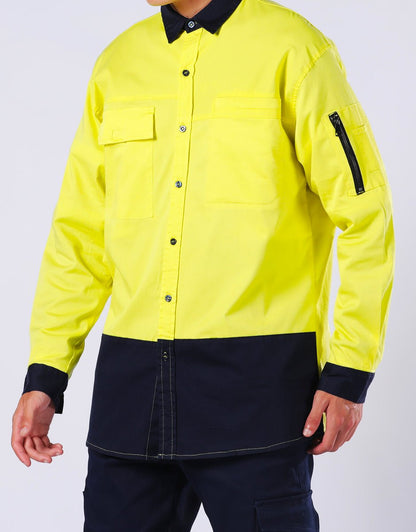 "PULSE Hi Vis Stretch Cotton Work shirt in yellow navy, Long Sleeve, model front – Big Bee Workwear"
