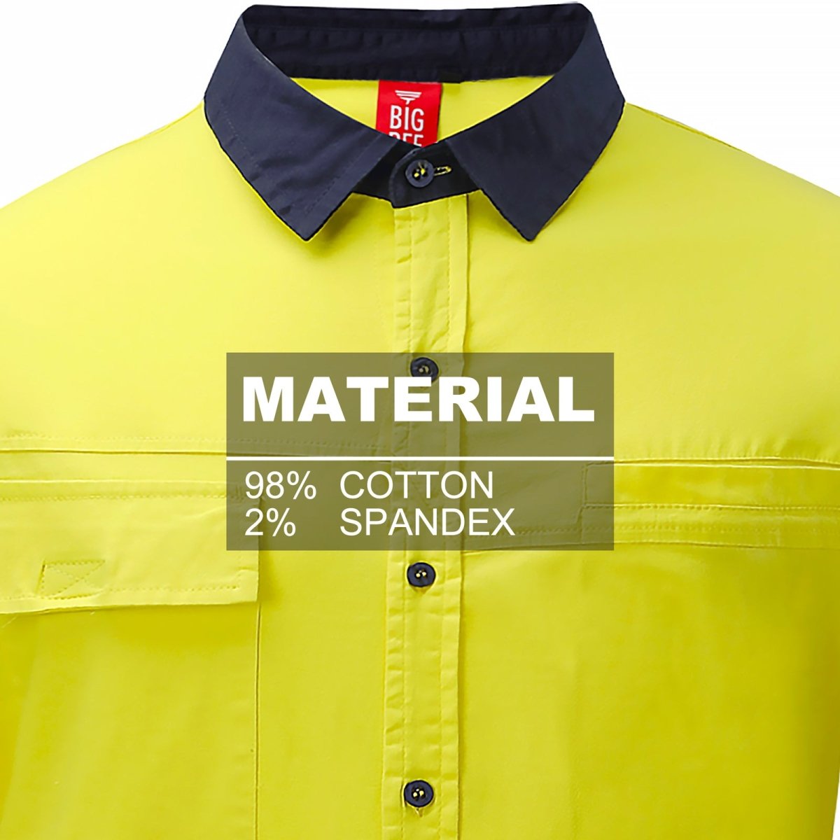 "PULSE Hi Vis Stretch Cotton Work shirt, Long Sleeve, fabric close-up with info – Big Bee Workwear"