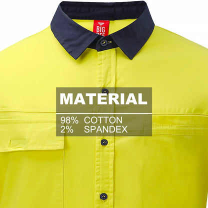 "PULSE Hi Vis Stretch Cotton Work shirt, Long Sleeve, fabric close-up with info – Big Bee Workwear"