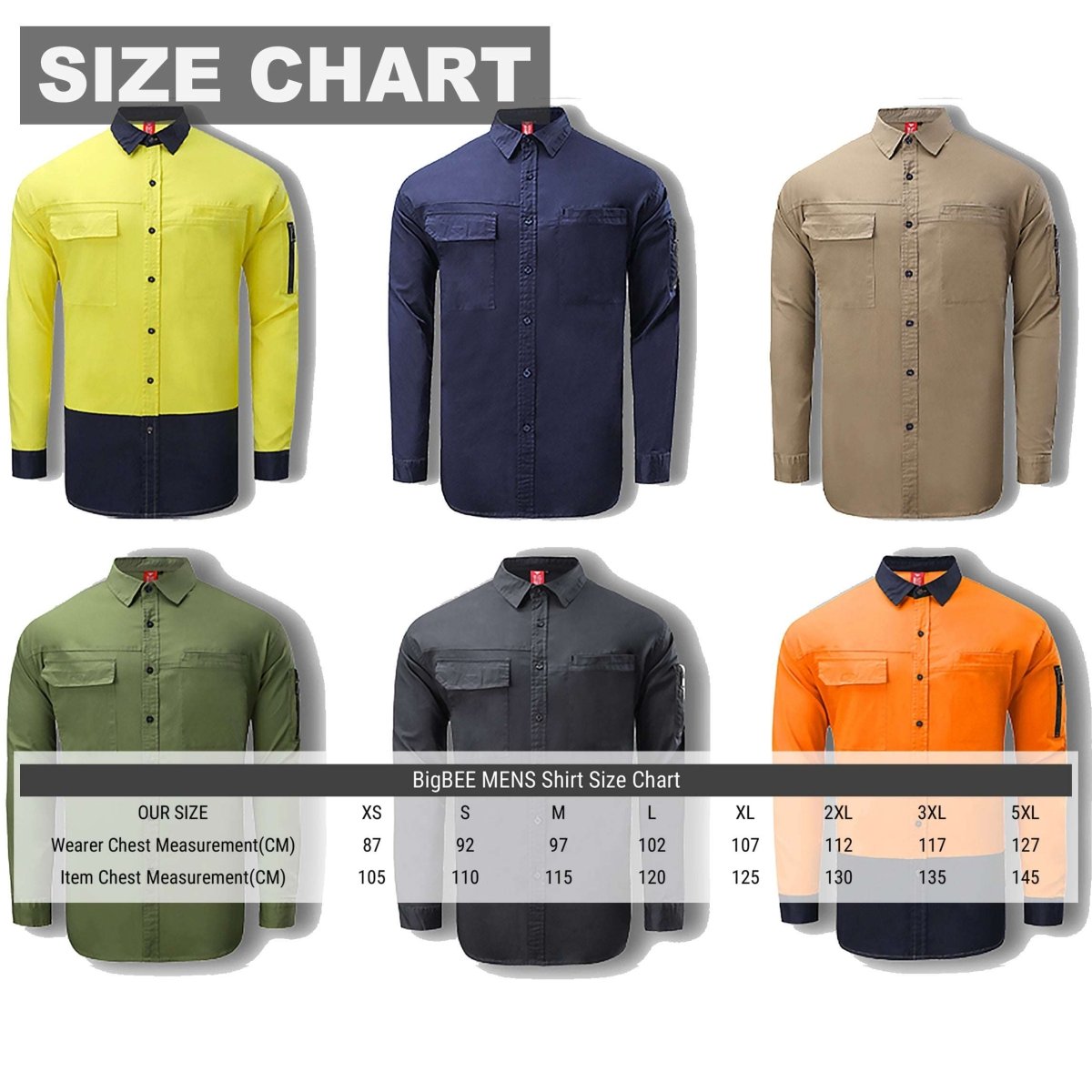 "PULSE Hi Vis Stretch Cotton Work shirt, Long Sleeve, size chart – Big Bee Workwear"