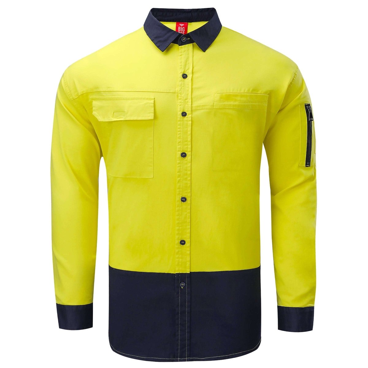 "PULSE Hi Vis Stretch Cotton Work shirt in yellow navy, Long Sleeve, front – Big Bee Workwear"