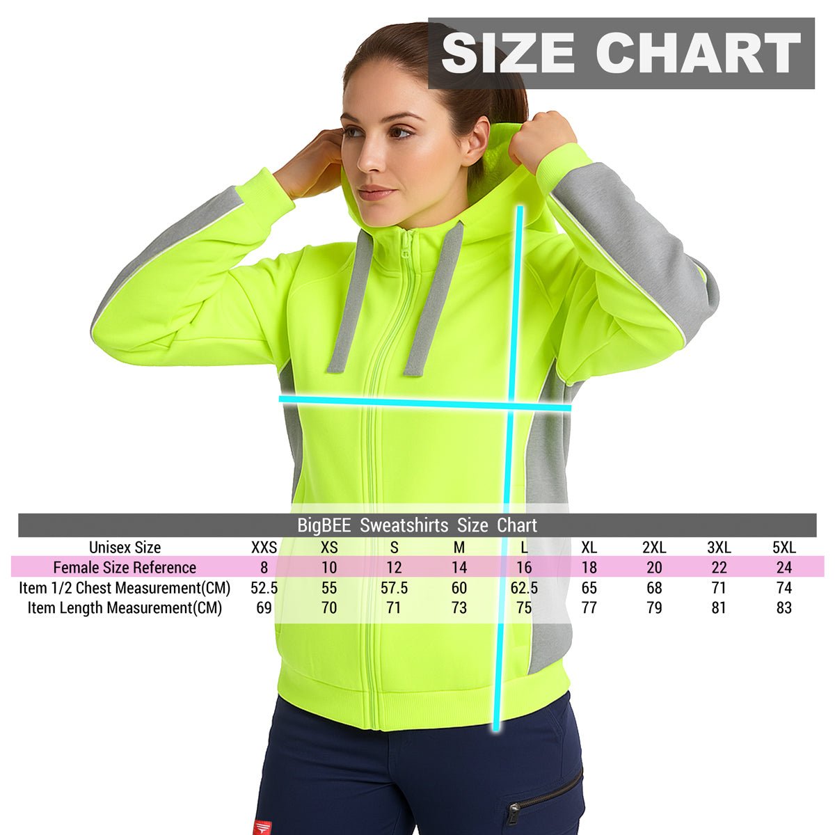 "Ladies Panel Hi-Vis Work Hoodie size chart – Big Bee Workwear"