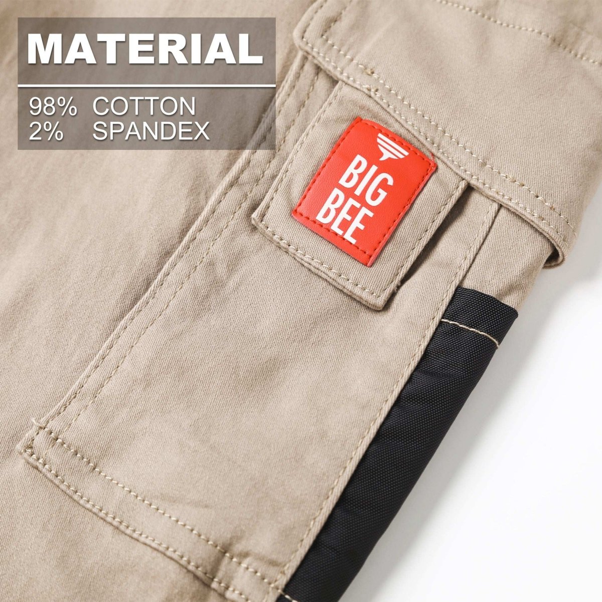 "elite work shorts fabric close-up with info – Big Bee Workwear"