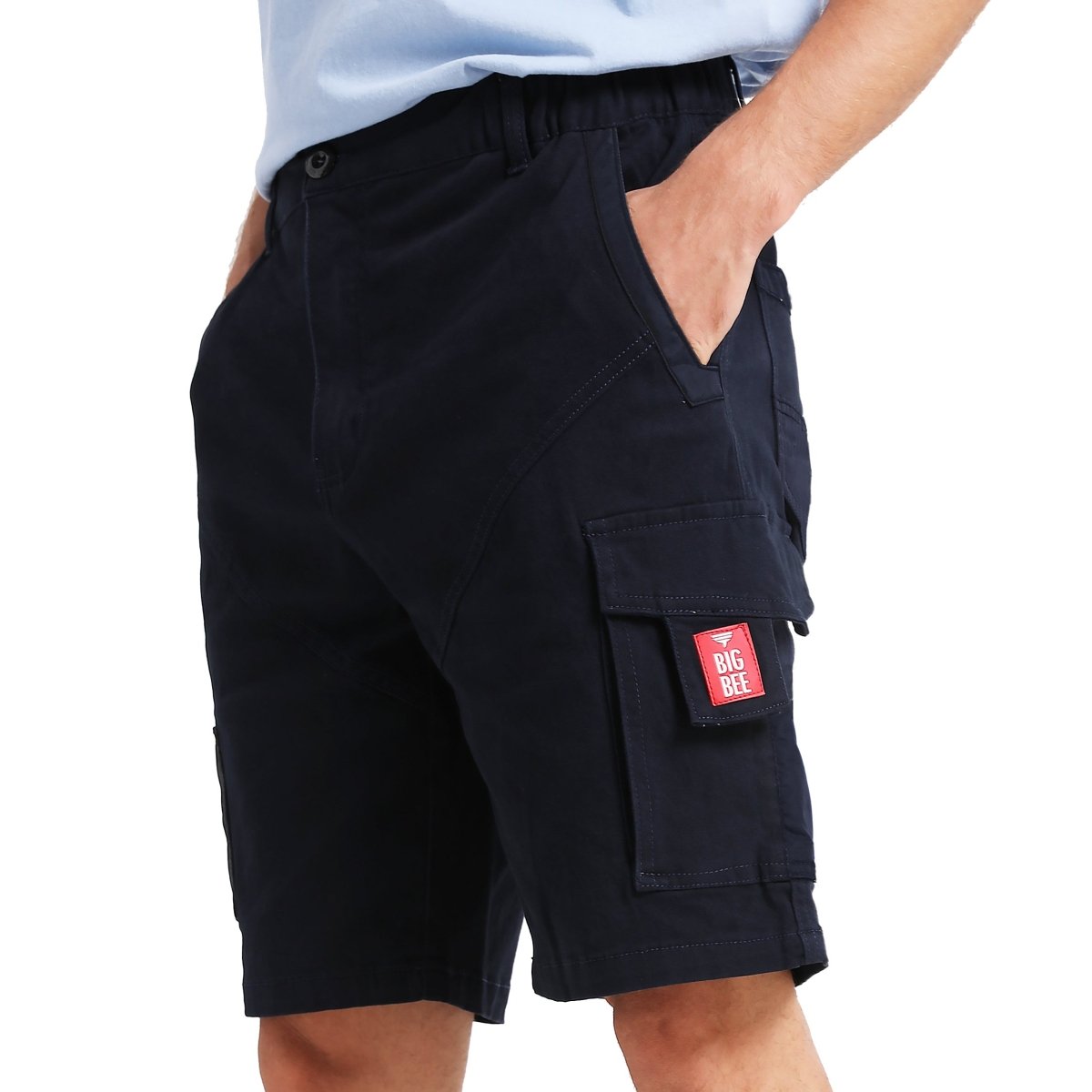 "elite work shorts in navy, model front – Big Bee Workwear"
