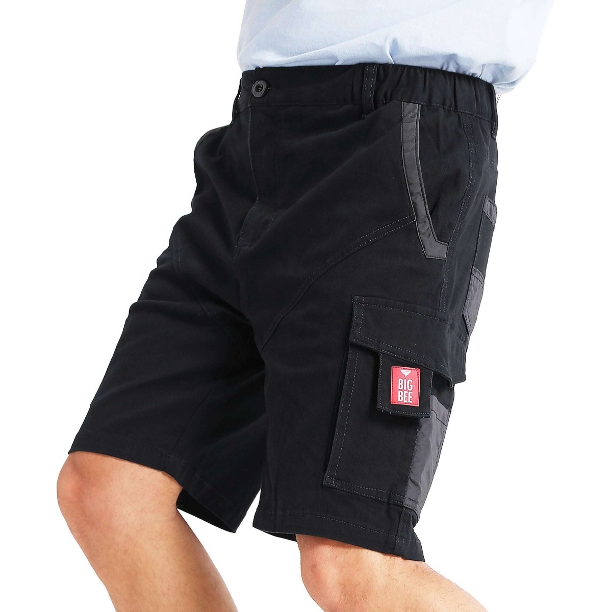 "elite work shorts in Black with grey, model side – Big Bee Workwear"