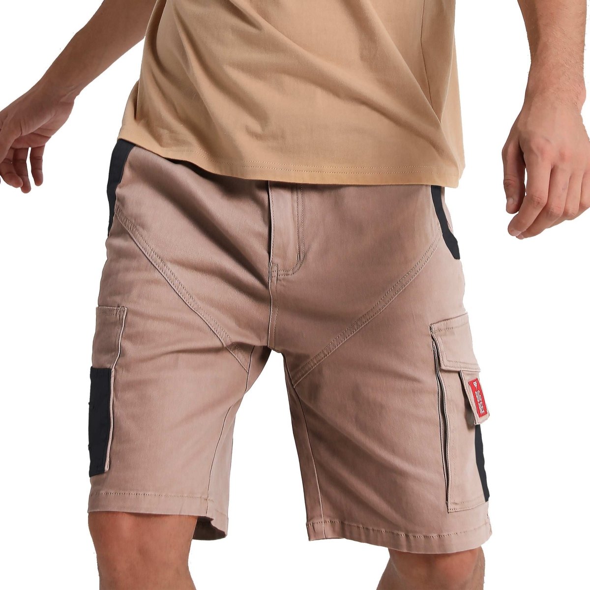 "elite work shorts in khaki grey, model front – Big Bee Workwear"