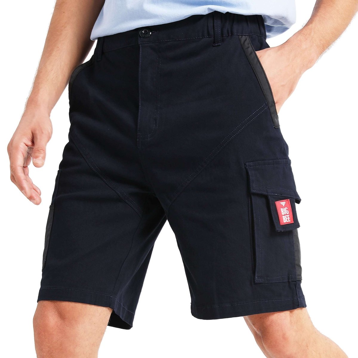 "elite work shorts in navy grey, model front – Big Bee Workwear"