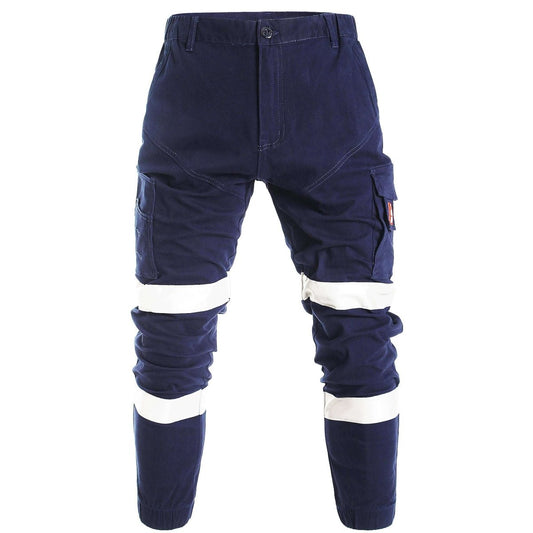 "elite reflective work pants in navy reflective tape, front – Big Bee Workwear"