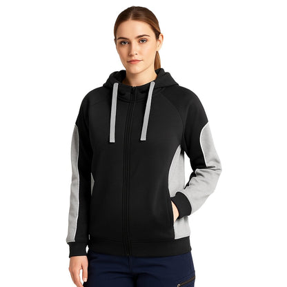 "Ladies Panel Full Zip Hoodie Jumper in Black with grey, model front view – Big Bee Workwear"