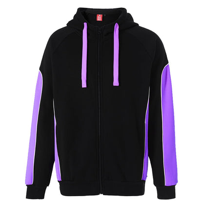 "Ladies Panel Full Zip Hoodie Jumper in Black with purple, Contrast Sleeve, front – Big Bee Workwear"