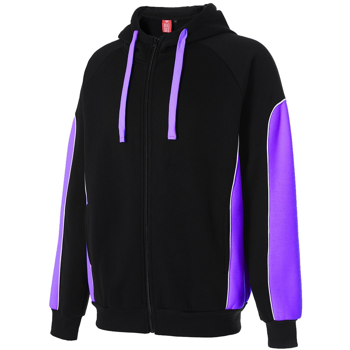 "Ladies Panel Full Zip Hoodie Jumper in Black with purple, Contrast Sleeve, side – Big Bee Workwear"