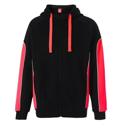 "Ladies Panel Full Zip Hoodie Jumper in Black with red, Contrast Sleeve, front – Big Bee Workwear"