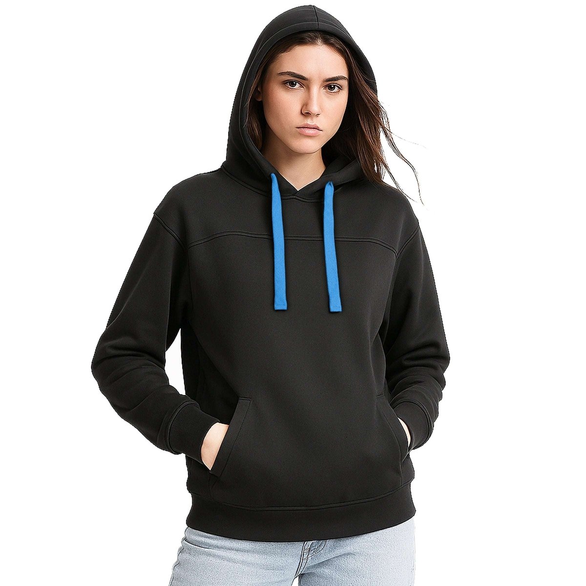 "ladies fly hoodie in Black with Aqua Blue, model front – Big Bee Workwear"