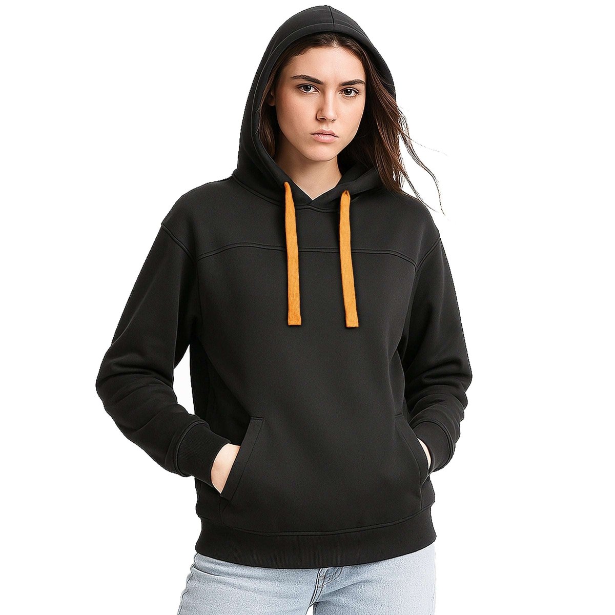 "ladies fly hoodie in Black with orange, model front – Big Bee Workwear"