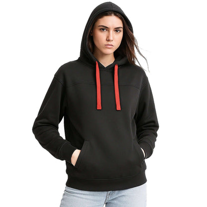 "ladies fly hoodie in Black with red, model front – Big Bee Workwear"