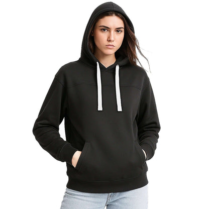 "ladies fly hoodie in Black with white, model front – Big Bee Workwear"